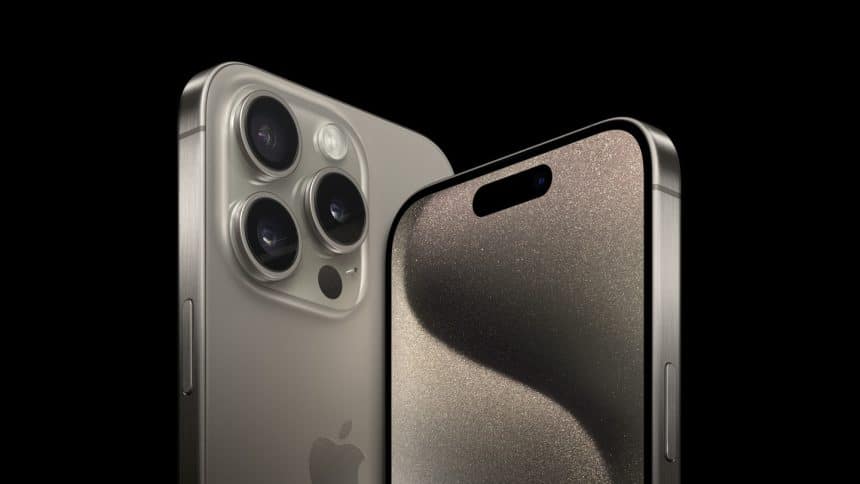 Front and rear views of a titanium iPhone Pro, highlighting its triple-camera system and display.