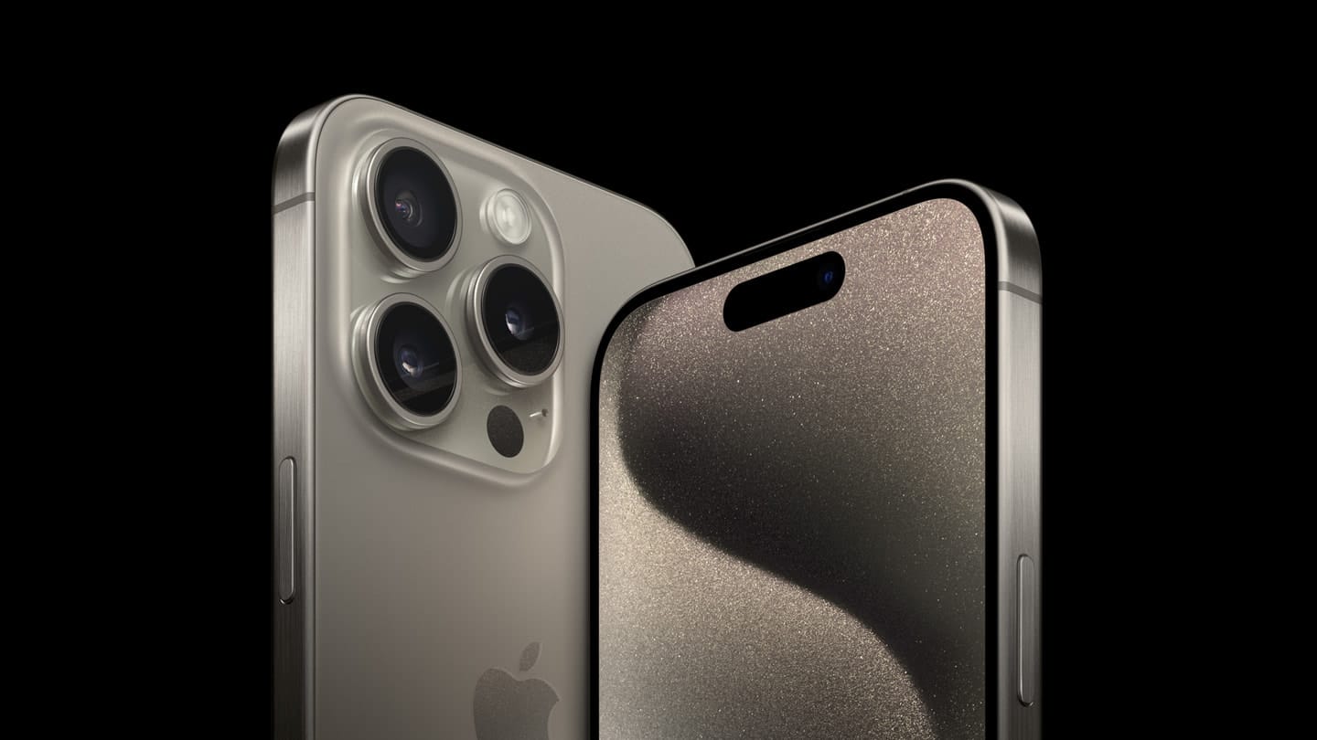 Front and rear views of a titanium iPhone Pro, highlighting its triple-camera system and display.