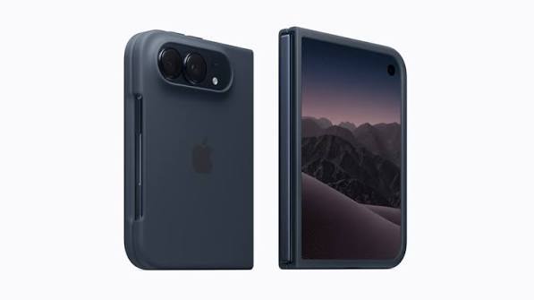 Front and rear views of the dark blue foldable iPhone Duo, showing its display and dual cameras.