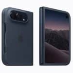 Front and rear views of the foldable Apple iPhone Duo in dark blue.