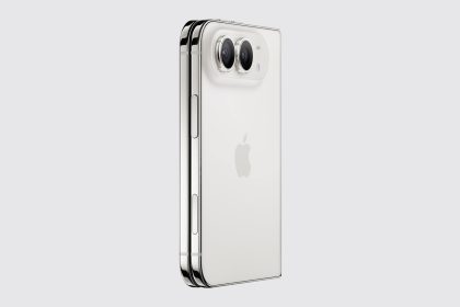White foldable iPhone Duo shown closed, featuring dual rear cameras and a sleek design.