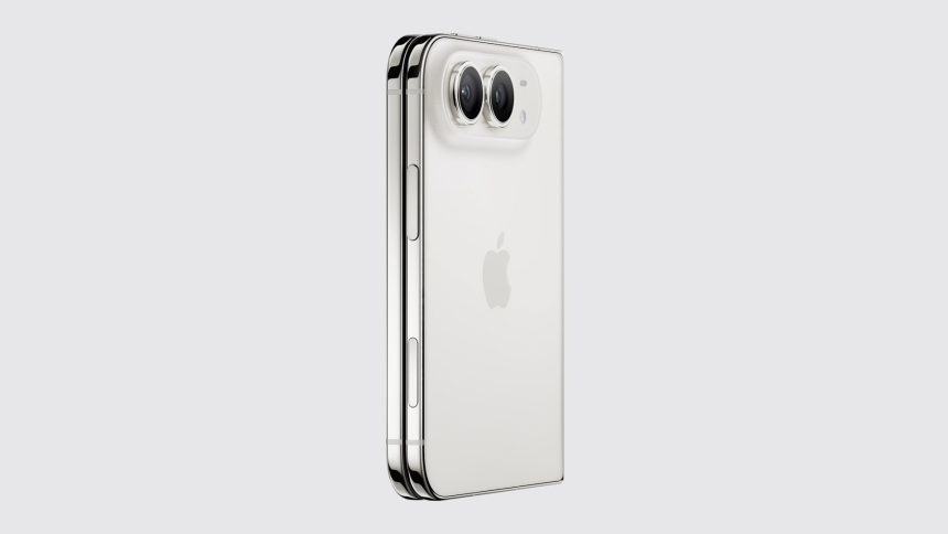 White foldable iPhone Duo shown closed, featuring dual rear cameras and a sleek design.