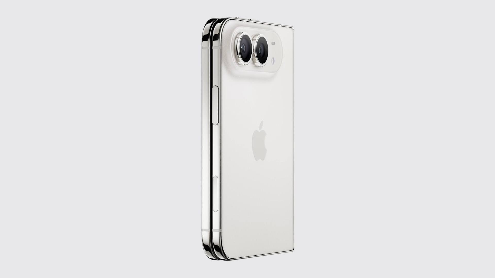 White foldable iPhone Duo shown closed, featuring dual rear cameras and a sleek design.