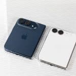 Two foldable iPhone Duo models in blue and white, shown from the back.