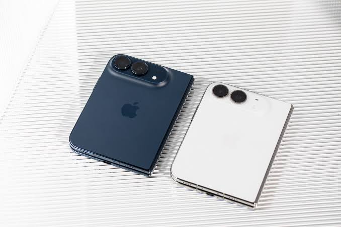 Two foldable iPhone Duo models in blue and white, shown from the back.