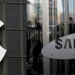 Apple and Samsung logos displayed side by side.
