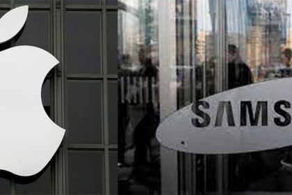 Apple and Samsung logos displayed side by side.