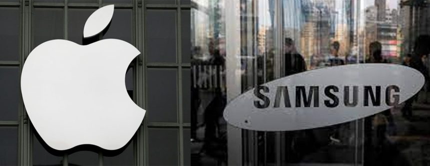 Apple and Samsung logos displayed side by side.
