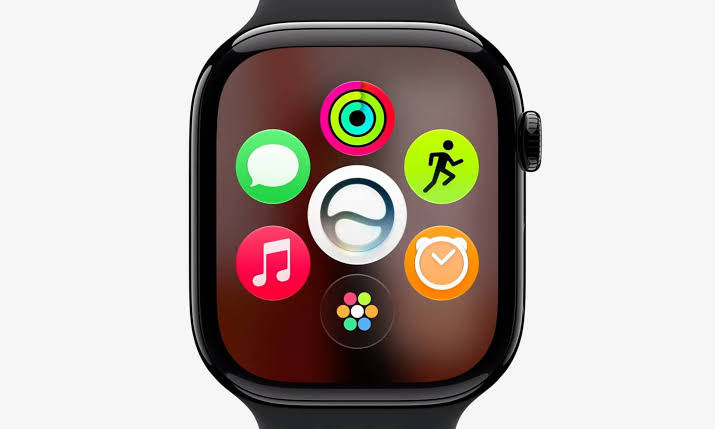 Apple Watch displaying colourful app icons on its screen.
